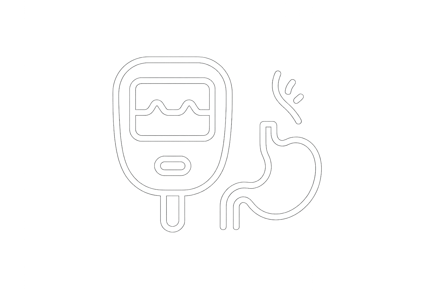 Supports balanced blood sugar and reduced hunger spikes. White outline icon with a transparent background